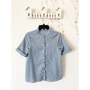 Polagram Cuffed Polka Dot Chambray Button Up Top
